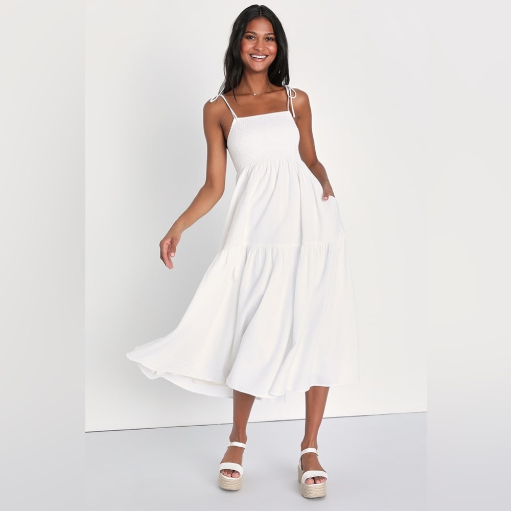 Effortlessly Simple White Tie-Strap Midi Dress With Pockets